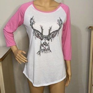 Wrangler 3/4 sleeve pink and white graphic tee deer print with crystal details